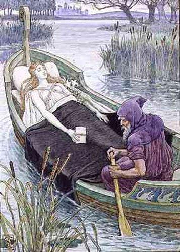 Fantasy wizard in purple cloak rowing woman on boat journey