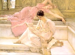 painting of two ladies reclining and reading scroll on gold background
