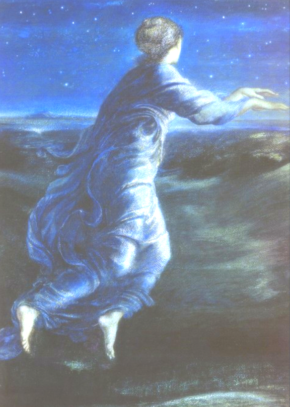 nighttime painting of woman floating over blue landscape in her sleep